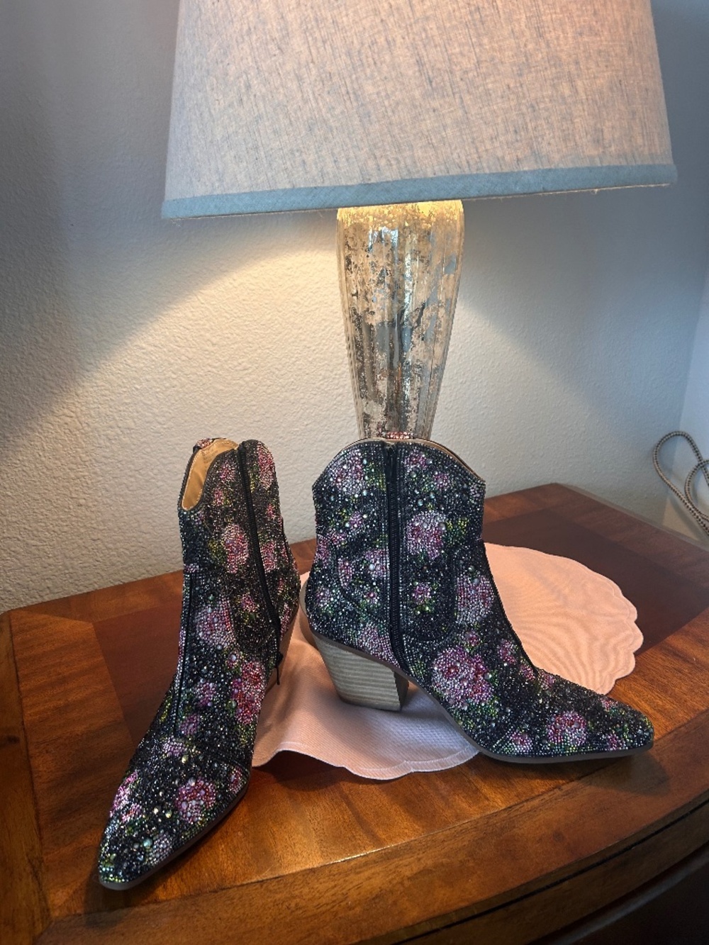 Betsy Johnson Glitzy Rhinestone Studded Pink Floral Women’s Ankle Boots - Picture 3 of 7